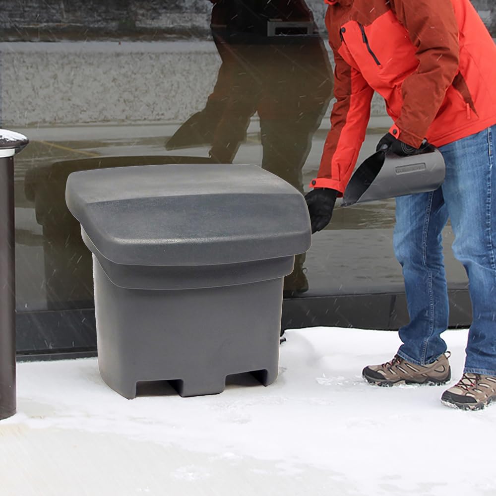 FCMP Outdoor 37-Gallon Salt and Sand Storage Bin – Multipurpose Deck Box for Patio, Porch or Shed – Industrial Large Container for Outdoor Storage, Grey