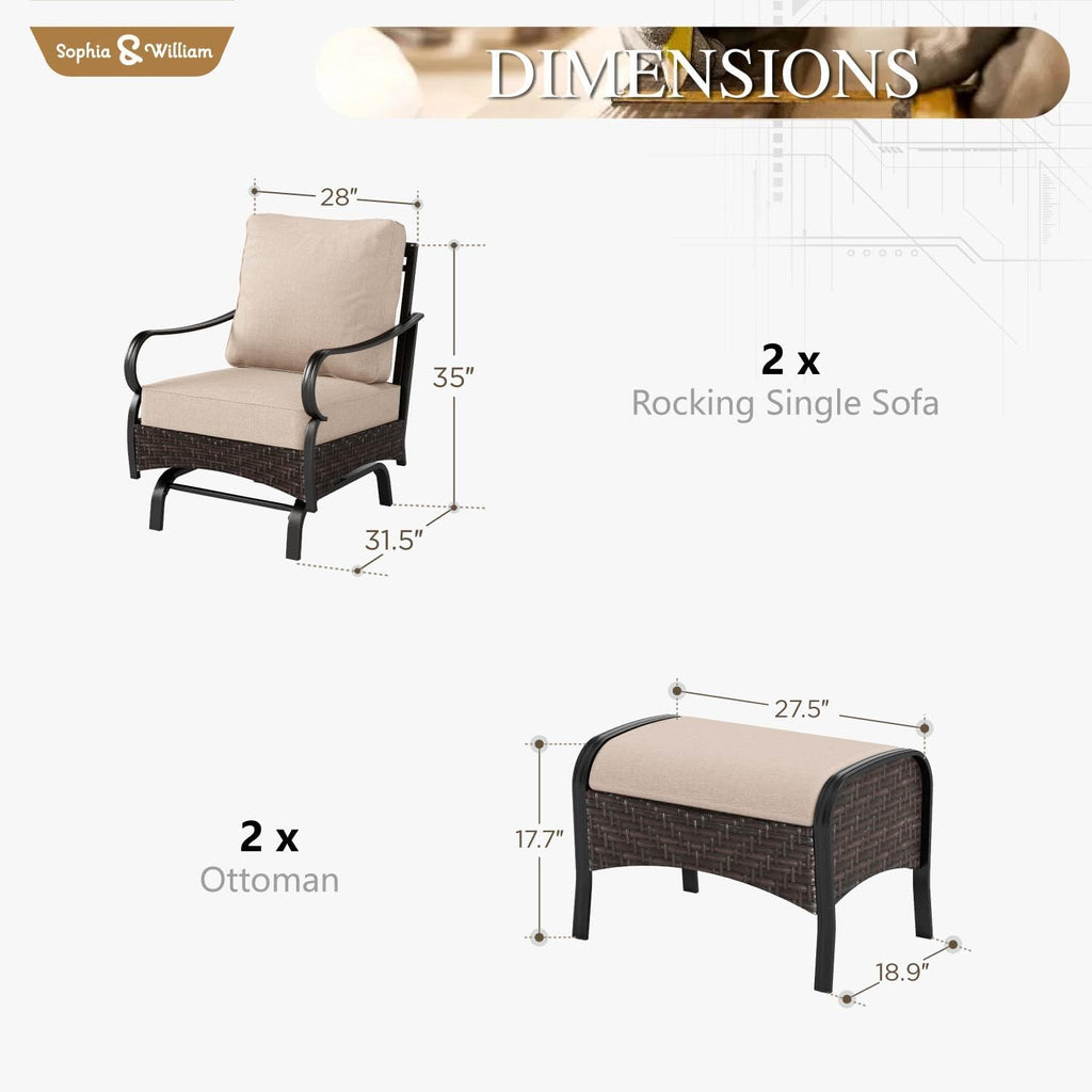 Sophia & William Patio Furniture Set, 4 Piece Metal Outdoor Conversation Set with 2 Sofa Chairs, 2 Ottoman for Outdoor Seating, Backyard, Porch(Beige)
