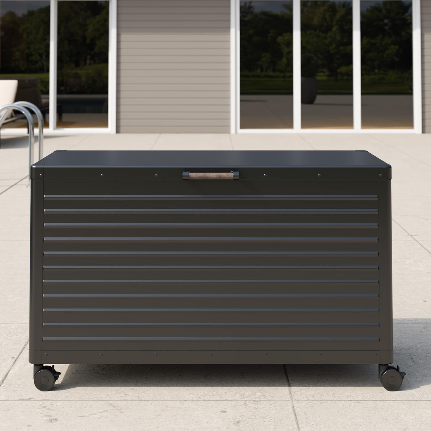 MIRADOR 134 Gallon Outdoor Storage Box with Wheels & Soft-Close Lid, Waterproof Metal Deck Box for Patio Cushions, Garden Tools & Pool Accessories, Charcoal