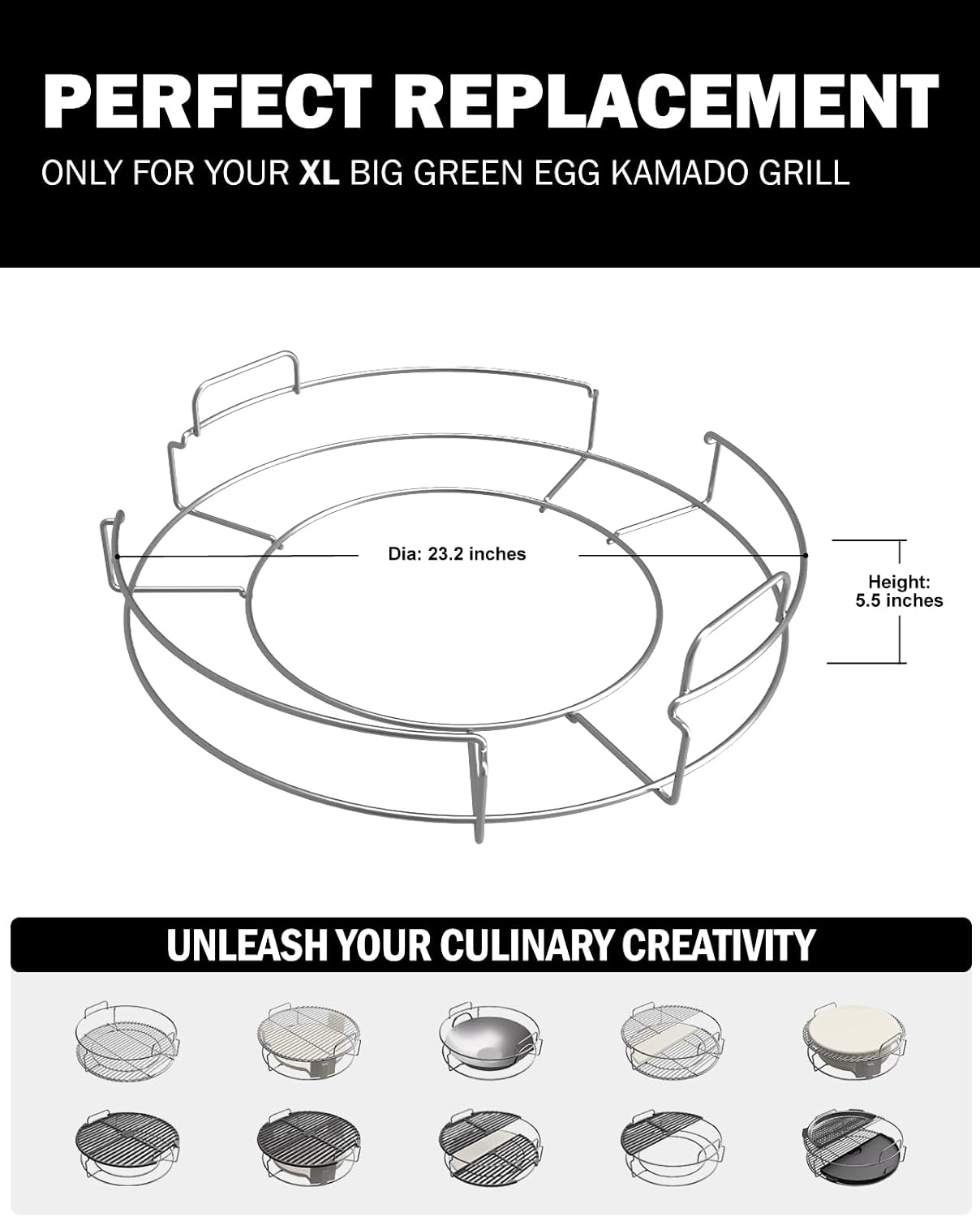 Replacement 1-Piece XL ConvEGGtorBasket Rack for Big Green Egg X-Large, BGE EGGpsnder Accessories - Easy Placement or Removal of Grill Heat Deflector or Cast Iron Plate Setter, Stainless Steel Rack