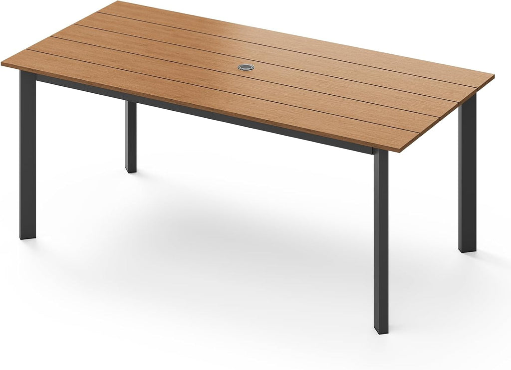 67' Rectangle HDPS Patio Dining Table, Aluminum Outdoor Patio Dining Table with Umbrella Hole, Weather-Resistant for Lawn, Garden, Yard, Poolside and Indoor Use (Gray & Teak)