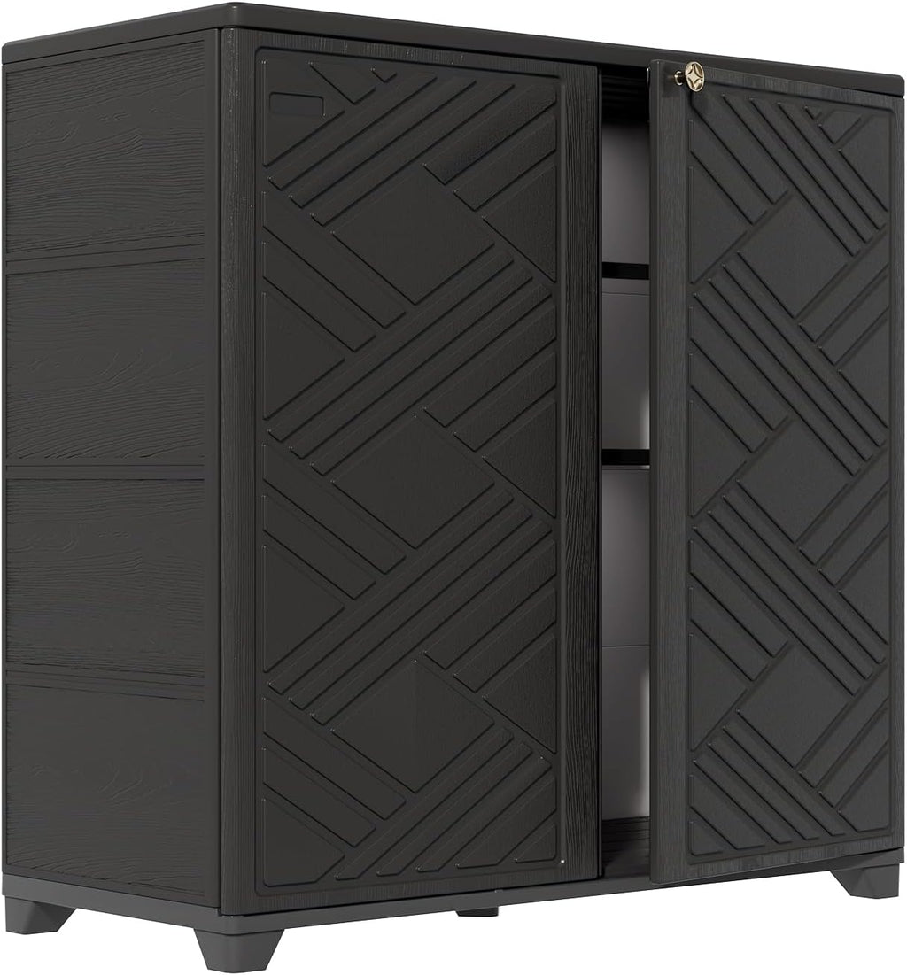 HOMSPARK Indoor/Outdoor Storage Cabinet with Doors and 2 Metal Shelves, 34'x15'x34' HDPE Plastic Storage Box for Patio, Garden, Enterway, Balcony, Multi-Purpose for Daily Tools, Black