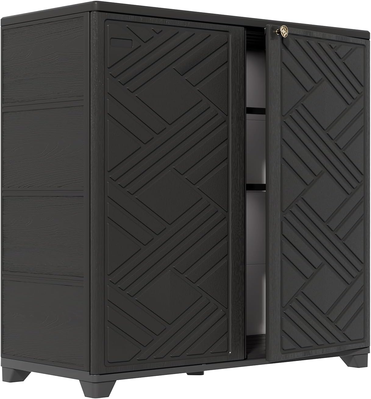 HOMSPARK Indoor/Outdoor Storage Cabinet with Doors and 2 Metal Shelves, 34'x15'x34' HDPE Plastic Storage Box for Patio, Garden, Enterway, Balcony, Multi-Purpose for Daily Tools, Black