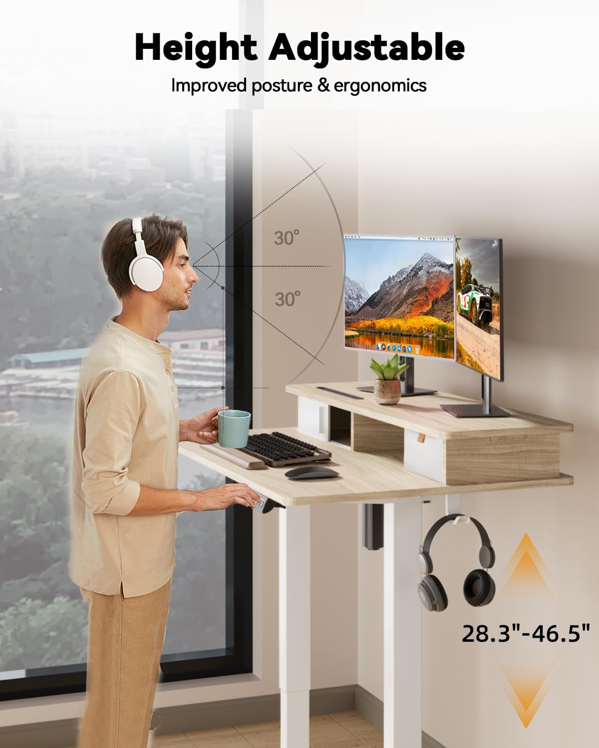 JOY worker Small Electric Standing Desk, 35' x 25' Height Adjustable Desk with Built-in Monitor Stand & Storage Drawer, White Sit Stand Desk with 2 Hooks for Home Office, Light Walnut