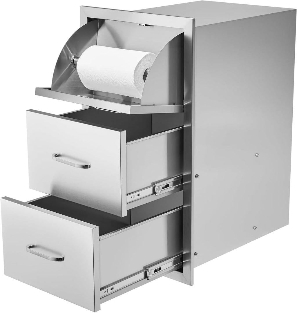 VEVOR Outdoor Kitchen Drawers 17W x 30H x 21D Inch, Outdoor Kitchen Cabinets, Stainless Steel Double Access Drawers, with Paper Towel Holder, Combo for BBQ Island Drawers or Grill Station