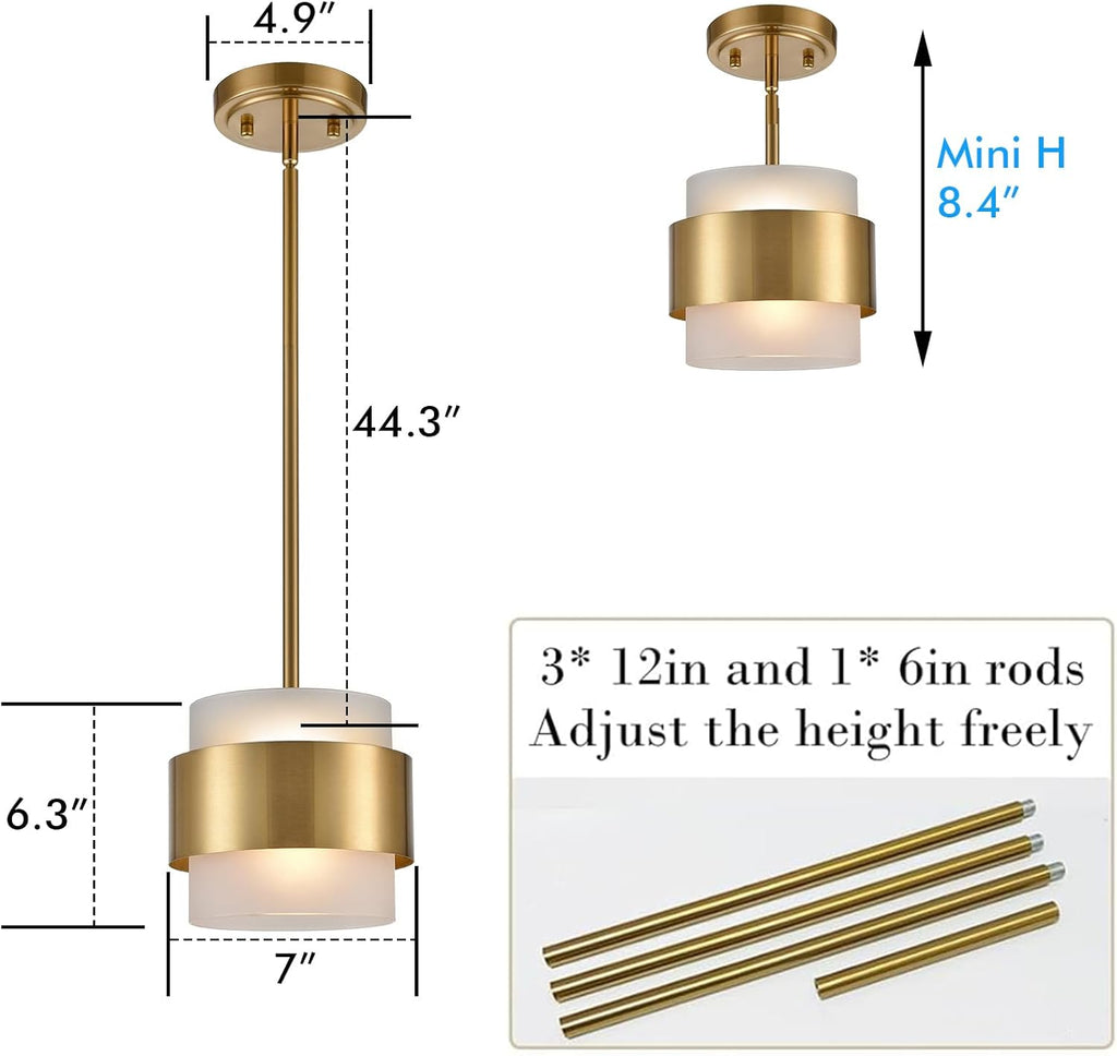 CLAXY Gold Pendant Lights mini Hanging Light Fixture with Frosted Glass Shade for Kitchen Island Dining Room Bar Restaurant, Adjustable Rod Hanging Modern Pendant Light