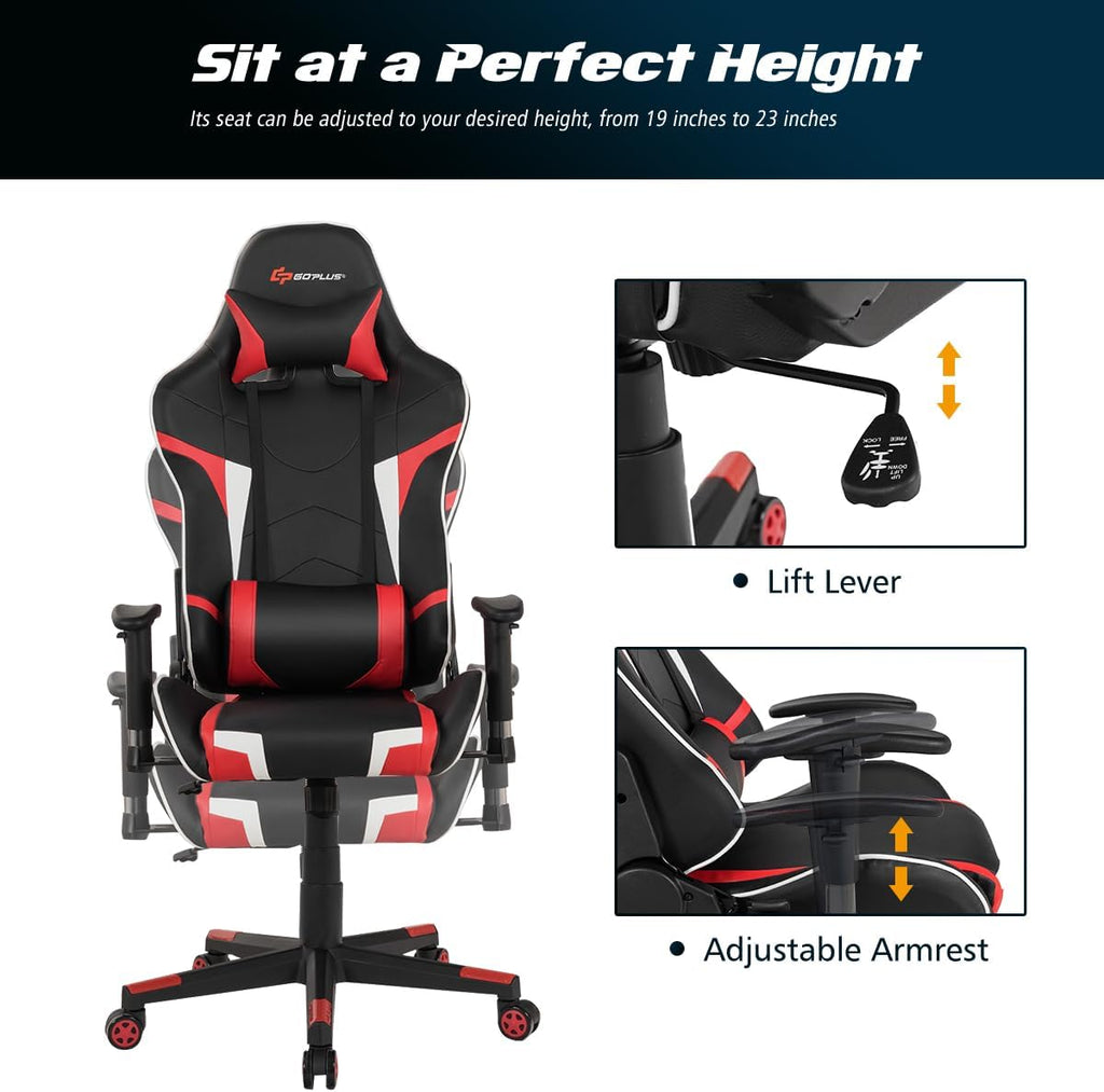 POWERSTONE Gaming Chair - Office Computer Gaming Racing Chair with Lumbar Massager Support PU Leather Adjustable Arms Headrest High-Back Recliner Ergonomic Rolling Swivel (Red)