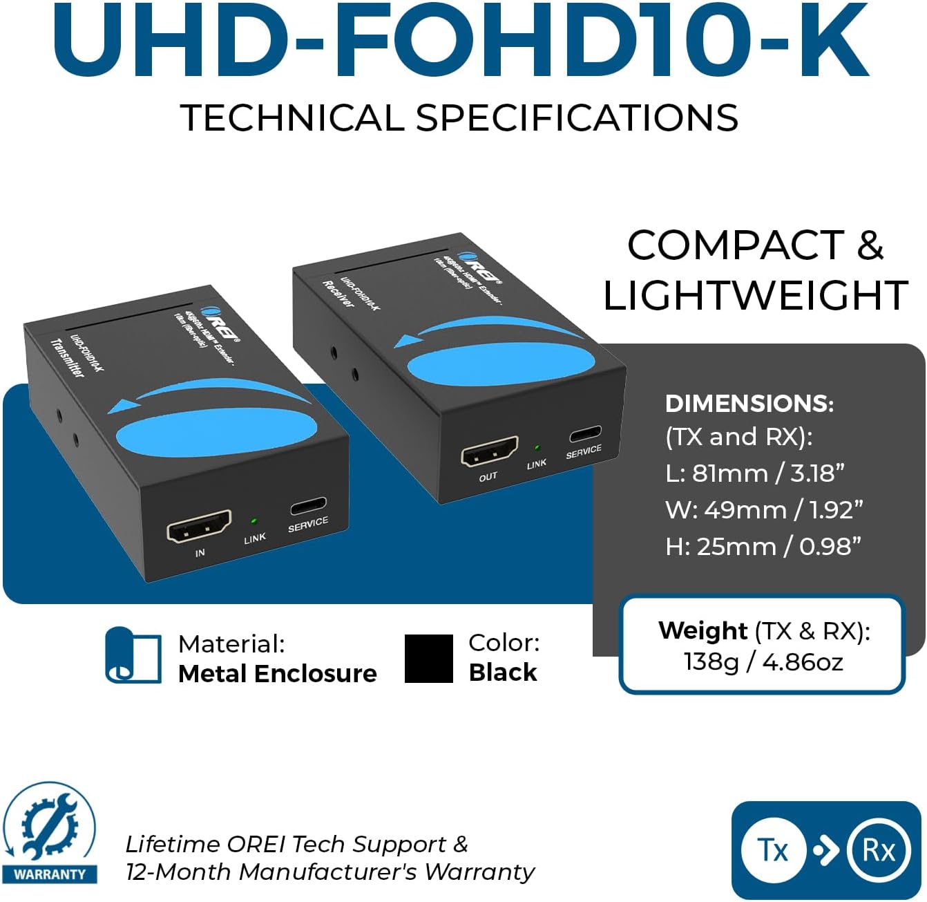 OREI 4K HDMI Extender Over Fiber Optic Balun - UltraHD 4K @ 60Hz 4:4:4 DR, HDR10+, SFP+ - Up to 10 KM in Single Mode - 300M in Multi-Mode