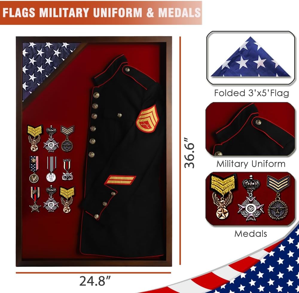 Flag Display Case Military Uniform Shadow Box Fits a Folded 3'x5' Army Navy Air Force Veterans Home Flown Flag with Police Uniform Jacket Display and Felt Lining for Badges and Medals, Walnut Finish