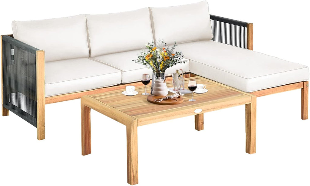 Tangkula L Shape Outdoor Furniture Set, 3 Piece Acacia Wood Patio Conversation Set, with 2 loveseats and Coffee Table, Garden Backyard Poolside Patio Seating Set (White)