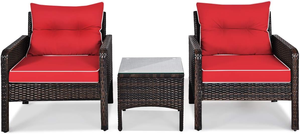 COSTWAY 3PCS Patio Furniture Set, Outdoor Wicker Cushioned Sofa Set with Coffee Table, All Weather Rattan Conversation Set for Garden Balcony Backyard Poolside Lawn, Red