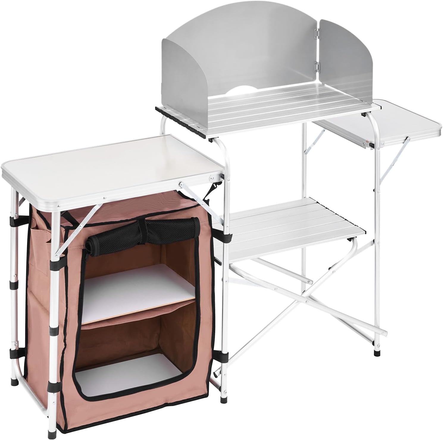 VEVOR Camping Kitchen Table, Folding Outdoor Cooking Table with Storage Carrying Bag, Aluminum Cook Station 1 Cupboard & Detachable Windscreen, Quick Set-up for Picnics, BBQ, RV Traveling, Brown