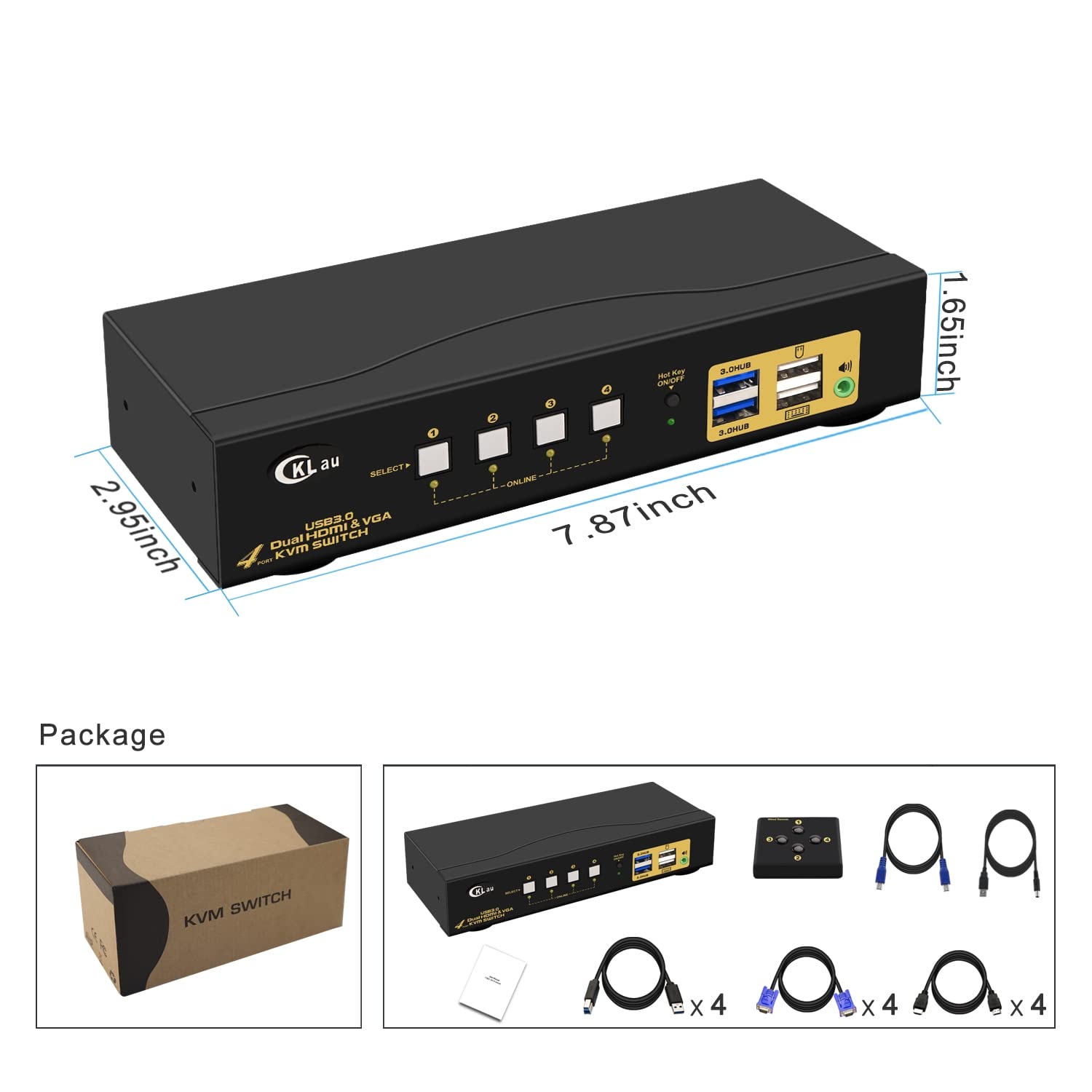 4x2 USB 3.0 VGA + HDMI KVM Switch 2 Monitors 4K@60Hz with Cables and Audio, PCs Monitor Keyboard Video Mouse Peripherals Sharing Box