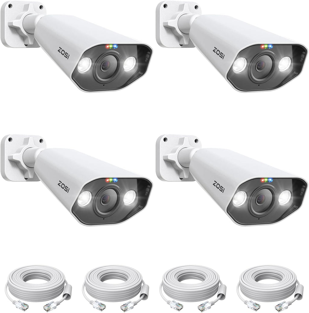 ZOSI 4PK 4K 8MP PoE Security IP Camera with Ethernet Cables Bullet PoE Camera Outdoor with Starlight Night Vision,Motion Detection,Smart Light Alarm,IP66 Weatherproof, Only Work with ZOSI 4K PoE NVR