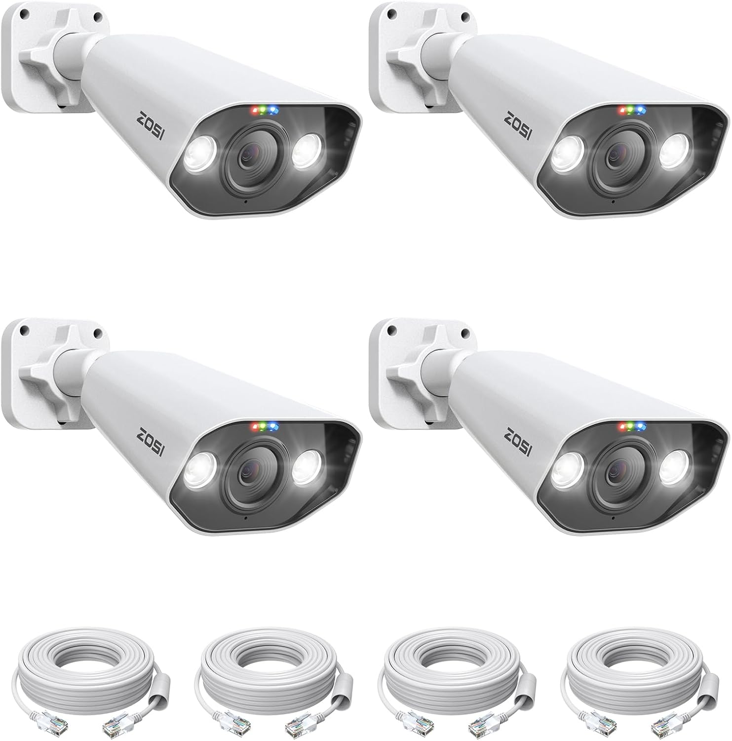 ZOSI 4PK 4K 8MP PoE Security IP Camera with Ethernet Cables Bullet PoE Camera Outdoor with Starlight Night Vision,Motion Detection,Smart Light Alarm,IP66 Weatherproof, Only Work with ZOSI 4K PoE NVR