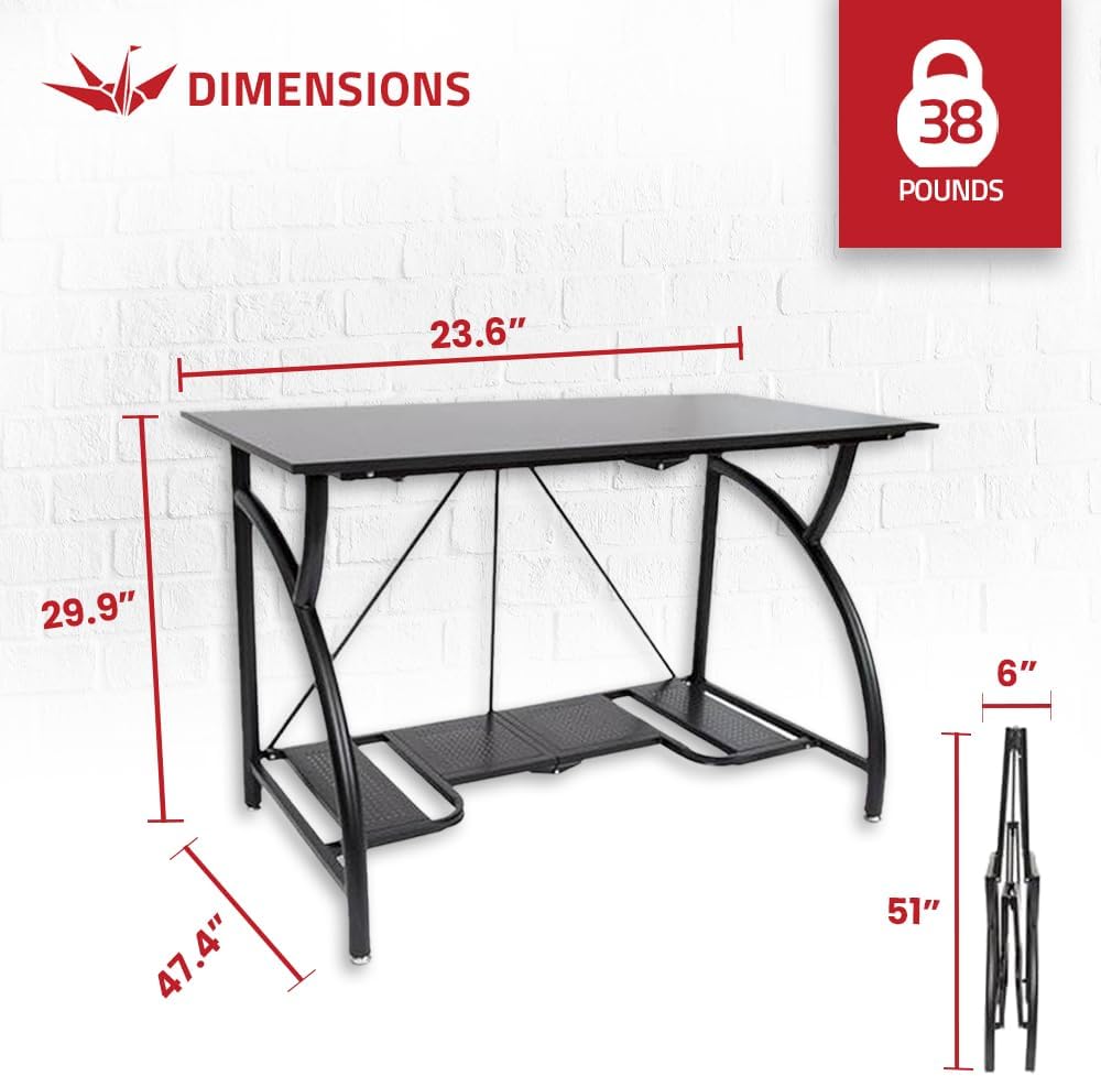 Origami Folding Computer Desk for Office Study Students Bedroom Home Gaming and Craft | Space Saving Foldable Design, Fits Dual Monitors and Laptop, Collapsible, No Assembly Required | Black, Large (RDE-01)