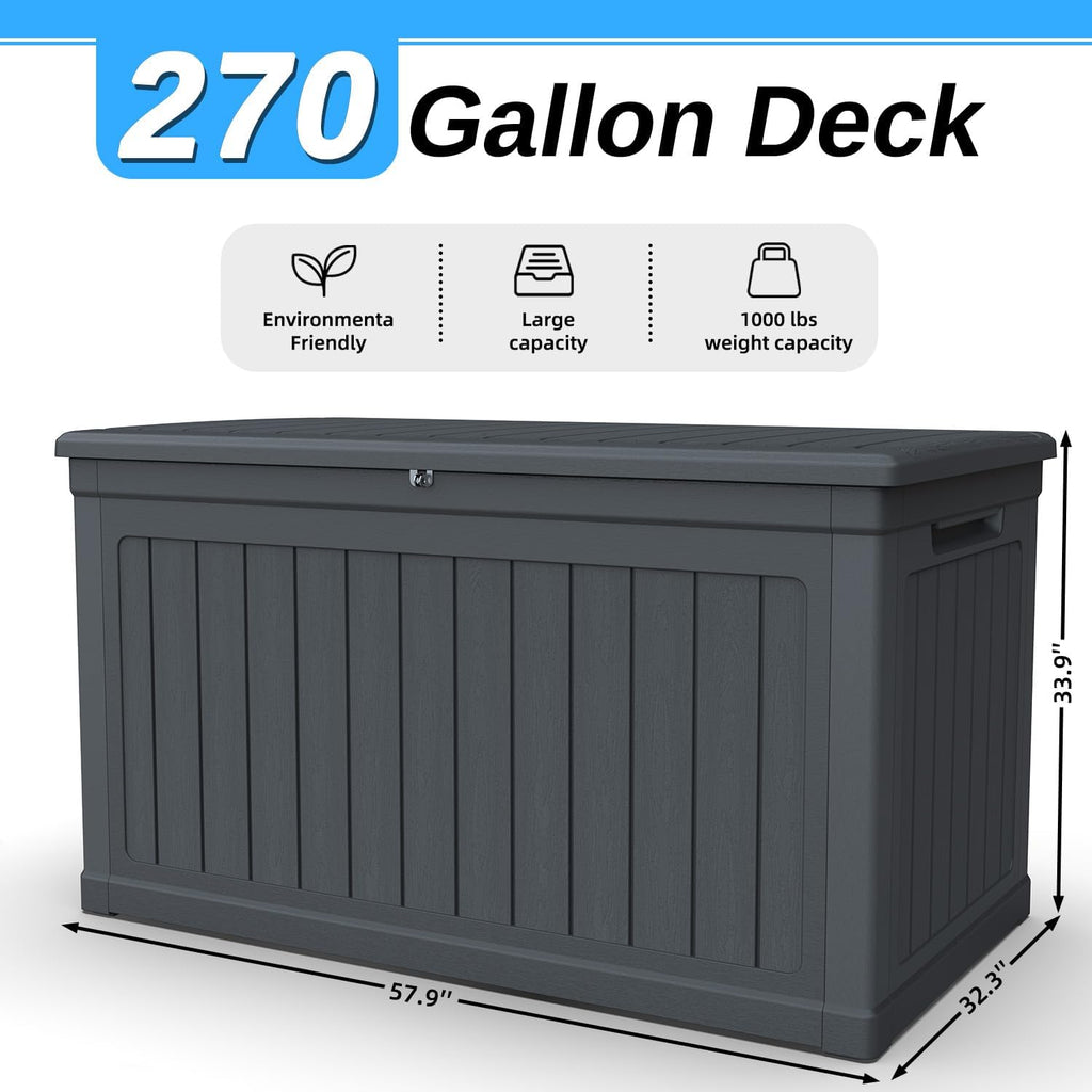 270 Gallon Deck Box, Resin Outdoor Waterproof Storage Box, Lockable Storage Box With Handle for Patio Furniture - Garden Tools - Swimming Pool Tools UV Resistant, Black