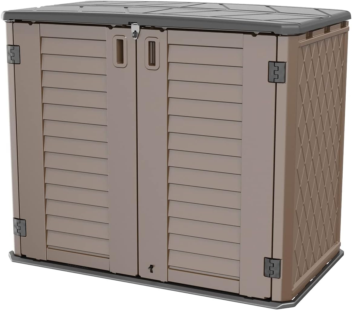 Mrosaa Horizontal Resin Storage Shed, 34 Horizontal Cu.ft Outdoor Storage Cabinet Waterproof for Garden/Backyard/Home/Pool, Lockable(34 Cu.ft-Brown)