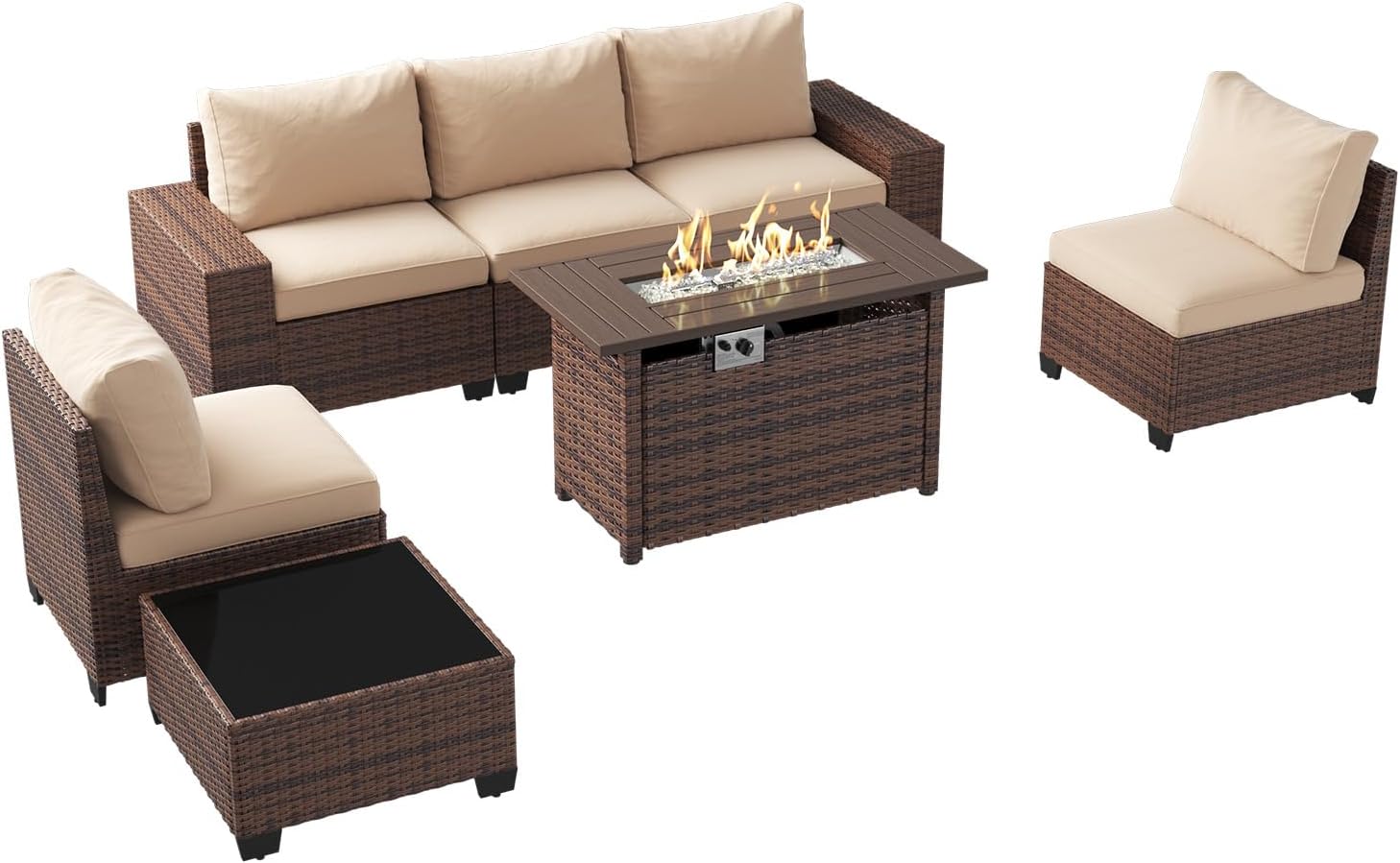 Aoxun Outdoor Patio Furniture Set with 44'' Fire Pit Table, 7 Pcs Outdoor Patio Furniture Sets with 4in Thicken Cushion, Widen Armrests Wicker Outdoor Sectional for Backyard & Garden, Beige