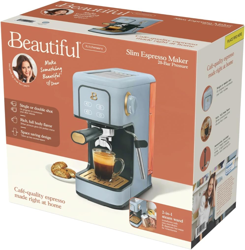 Slim Espresso Maker – 20‑Bar Pressure, Dual‑Spout 52 mm Portafilter, 50 oz Removable Tank, 2‑in‑1 Steam Wand & Touch Controls (Cornflower Blue)