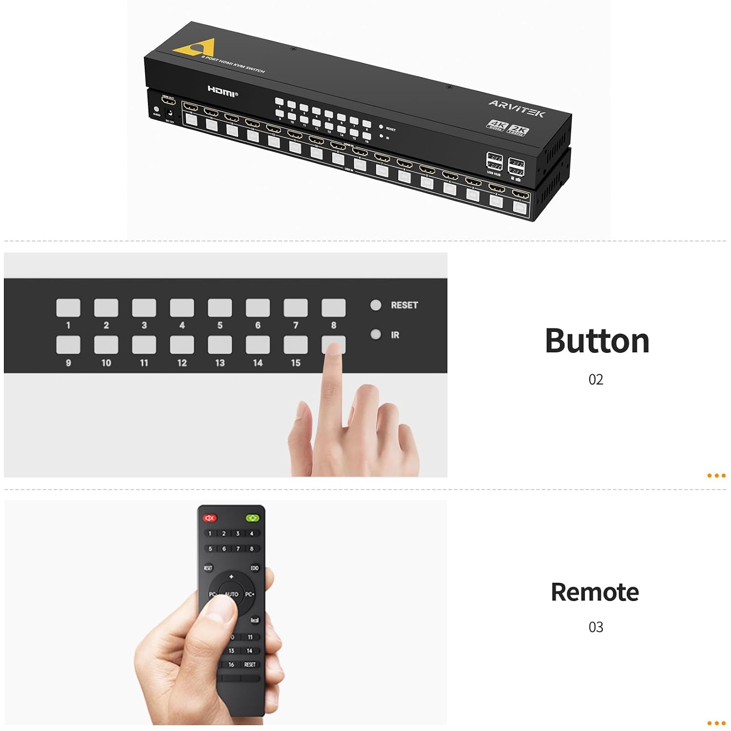 16 Port HDMI KVM Switch 4K@60Hz, 1U Rack Mount Console, USB HDMI Switch to Share 1 Monitor for 16 PCs, Includes 16 HDMI Cables, IR Remote, 4 USB 2.0 Port