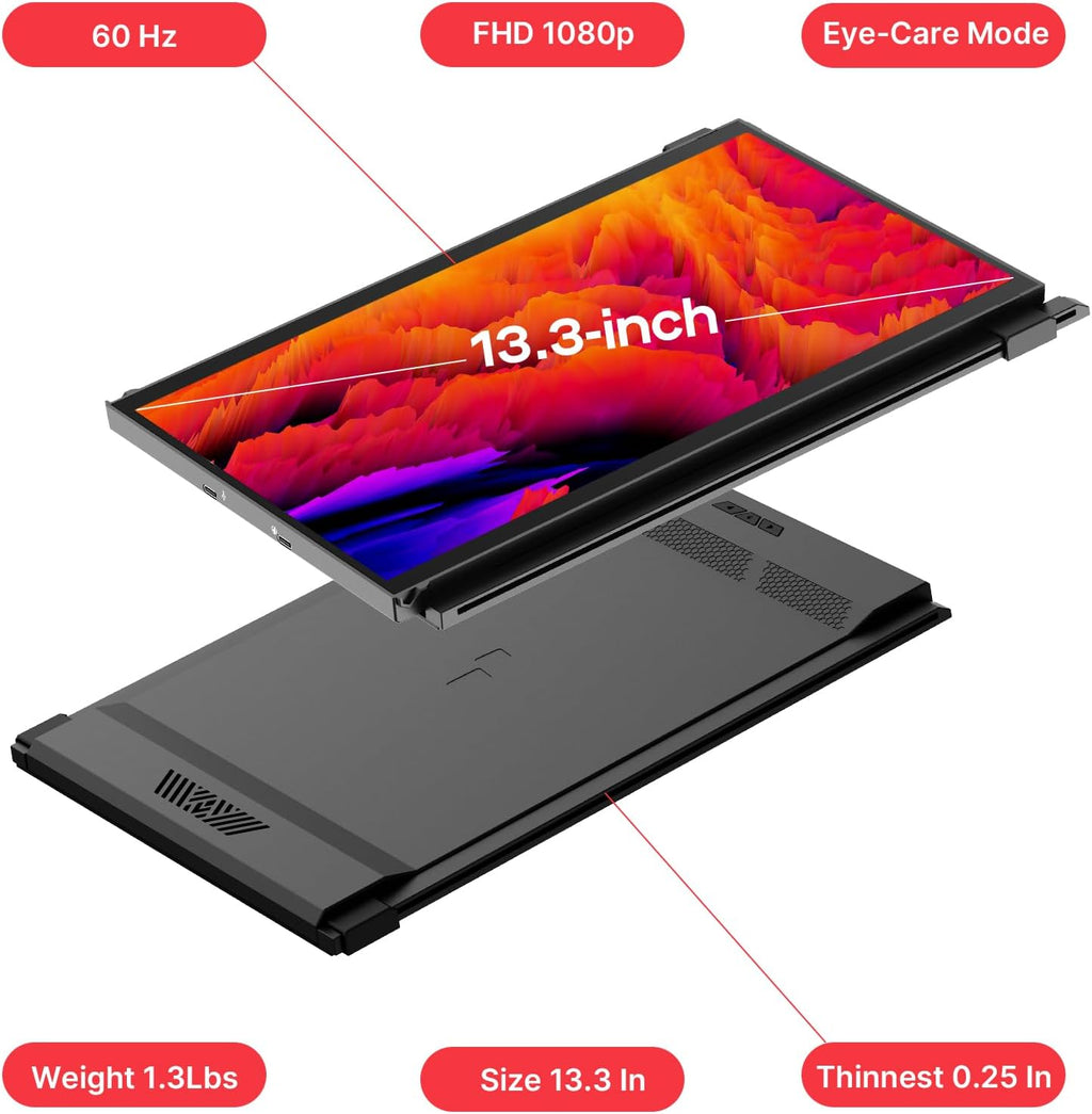 Portable Monitor - Mobile Pixels Duex Plus DS 13.3' FHD 1080P Laptop Monitor Extender, USBA/Type-C/HDMI Plug and Play Laptop Screen for 13'-14.5' Laptops, Windows/macOS/Android/Switch Compatible