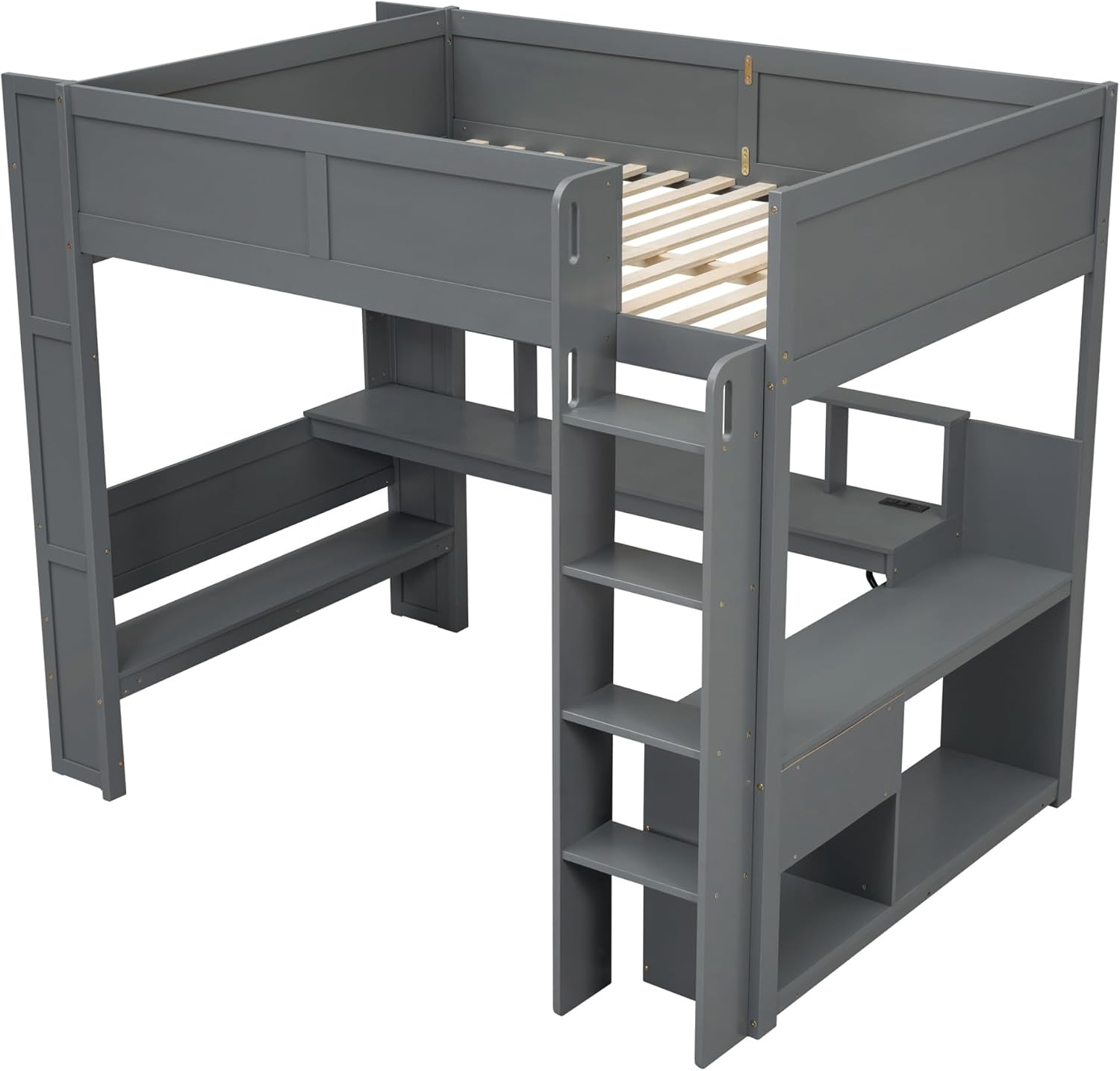 Merax Loft Bed Full Size with Gaming Desk, Mulfunctional Wood Loft Bed with Storage Shelves, Drawer and Charging Station, for Teens Adults (Dark Grey)