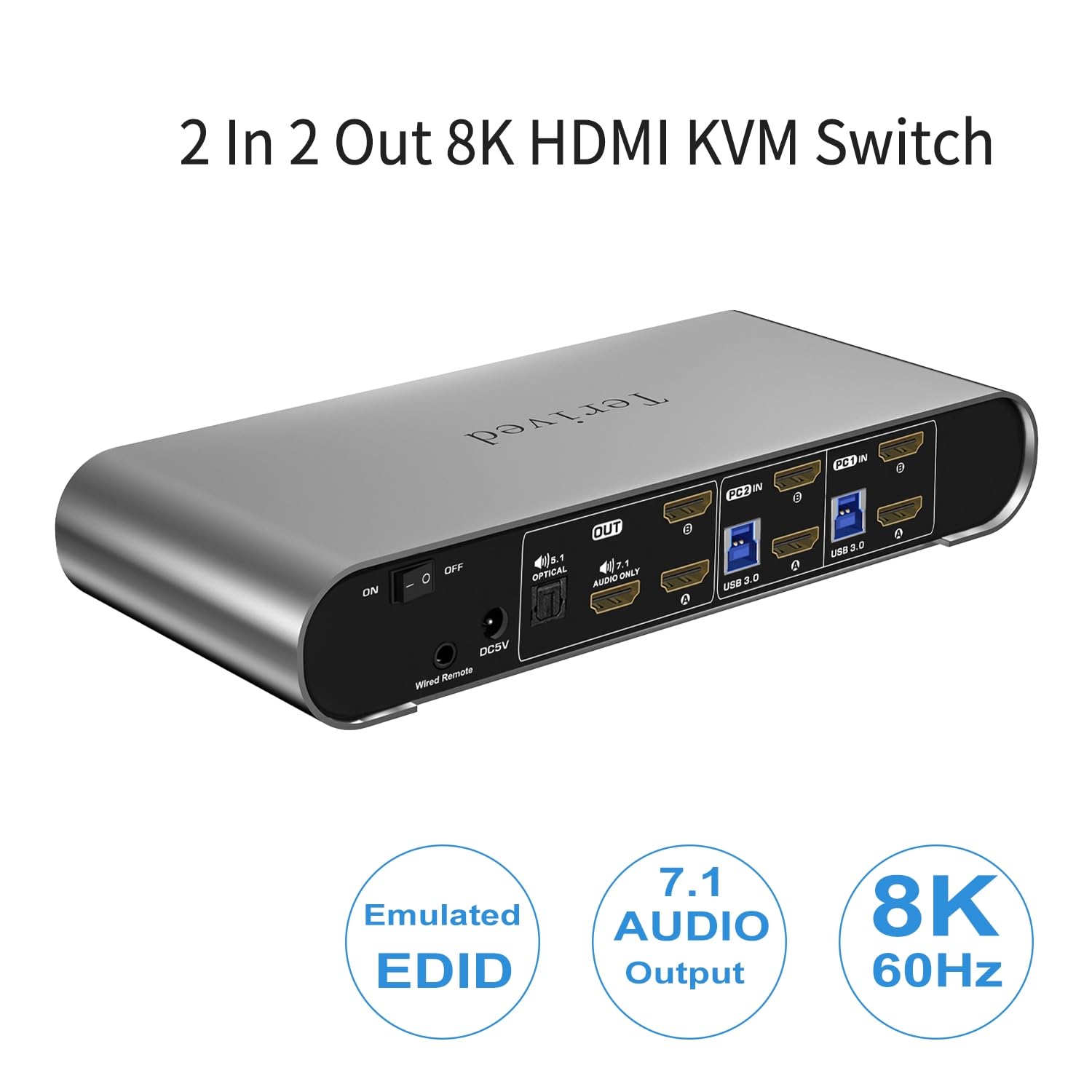 2 Computers 2 HDMI Monitor Automatic KVM Switch 8K@60Hz, Hotkey Switching, EDID, Support 5.1/7.1 Audio and Microphone, Aluminum Shell with Digital Display, USB 3.0 Hub, HDR10 with Cables
