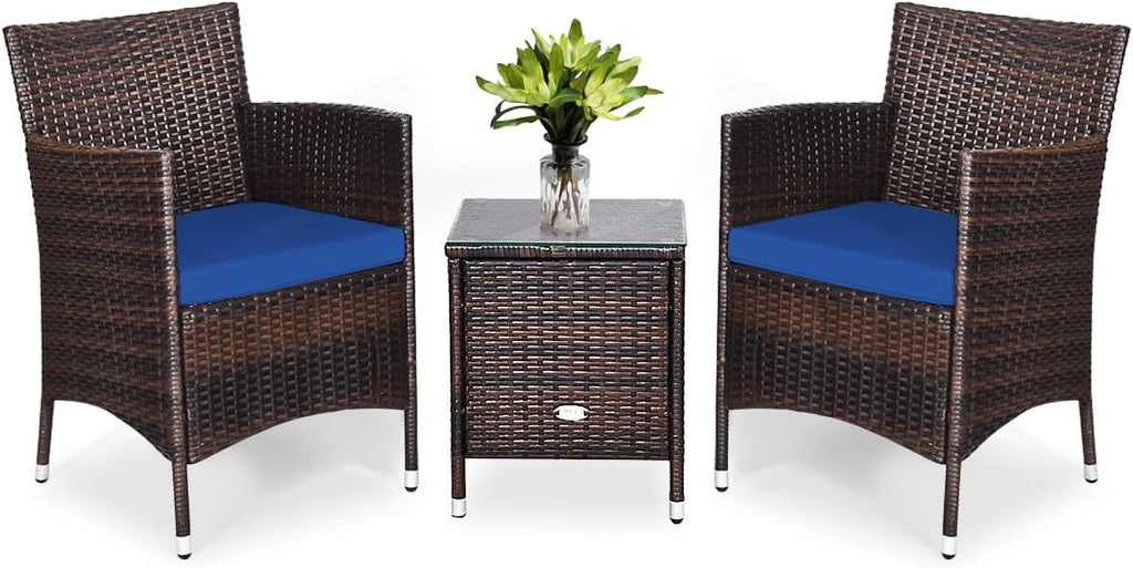 COSTWAY 3 PCS Patio Furniture Set, Outdoor Wicker Conversation Set with Tempered Glass Coffee Table, Seat Cushions, Rattan Wicker Chairs for Poolside Balcony Porch Backyard, Navy