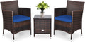 COSTWAY 3 PCS Patio Furniture Set, Outdoor Wicker Conversation Set with Tempered Glass Coffee Table, Seat Cushions, Rattan Wicker Chairs for Poolside Balcony Porch Backyard, Navy