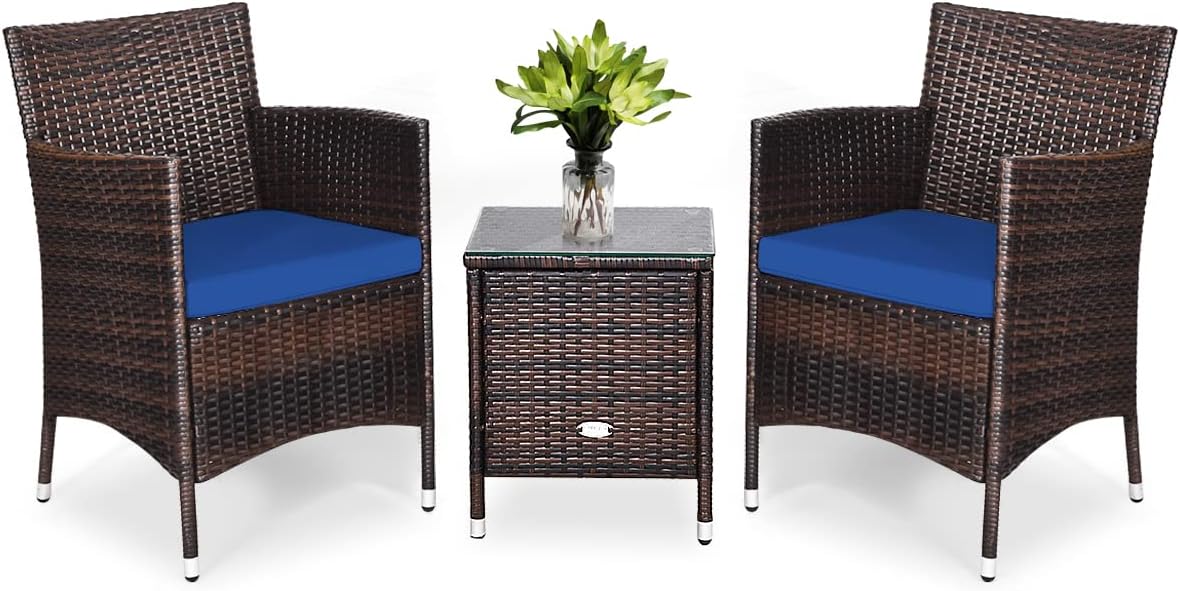 COSTWAY 3 PCS Patio Furniture Set, Outdoor Wicker Conversation Set with Tempered Glass Coffee Table, Seat Cushions, Rattan Wicker Chairs for Poolside Balcony Porch Backyard, Navy