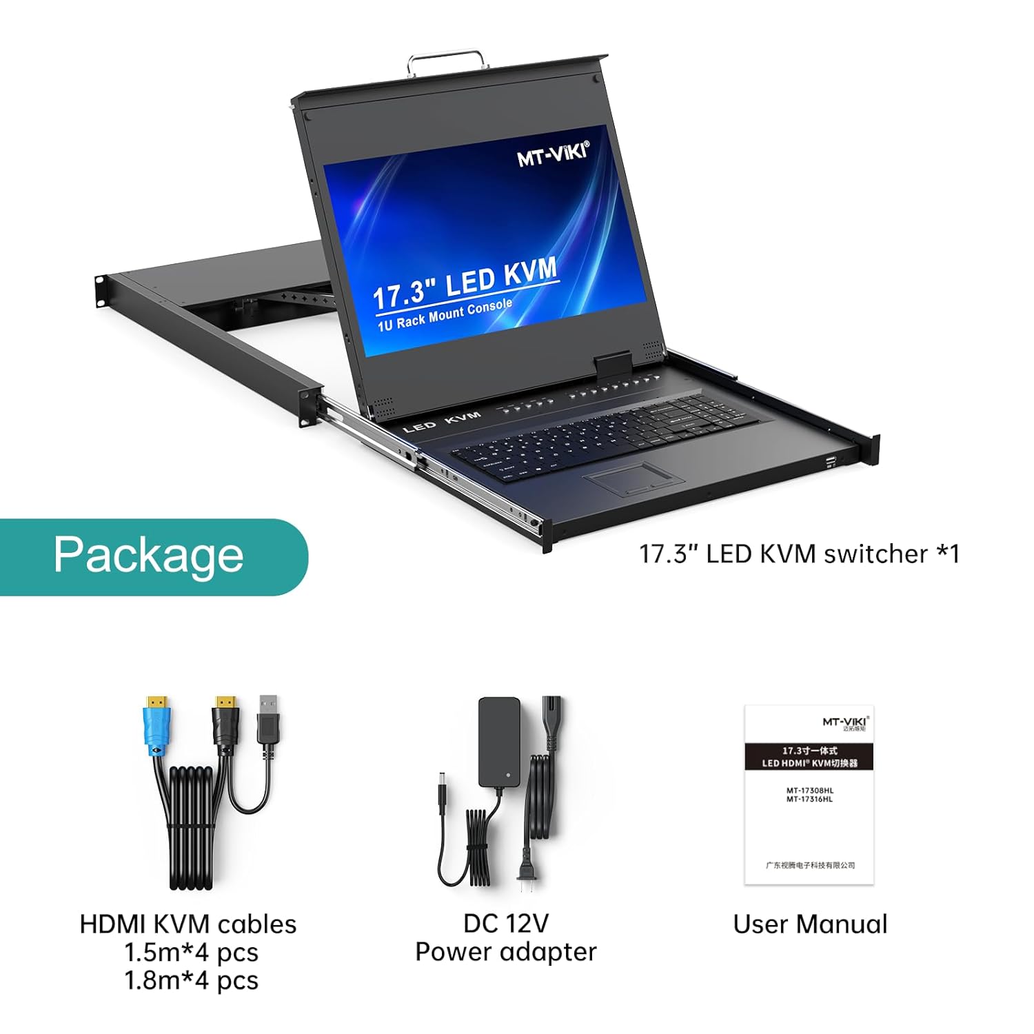 MT-VIKI® KVM Rack Mount HDMI with 17.3'' LCD Monitor, 1080P@60Hz Support OSD/Hotkey, Included 8 KVM Cables+Keyboard + Touchpad, Fit 1U 19'' Rack, Mount Depth 23.6-31.8'
