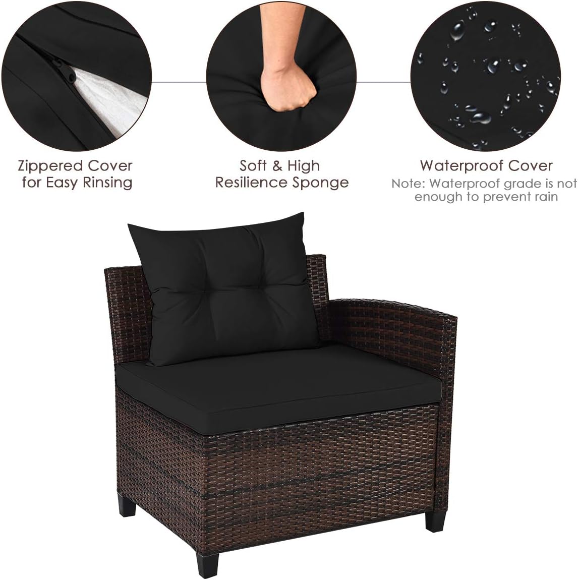 HAPPYGRILL 4 Pieces Rattan Patio Conversation Set, Outdoor Wicker Furniture Set with Cushioned Sofas and Coffee Table, L-Shape Sectional Curved Sofa Set for Garden Poolside Balcony