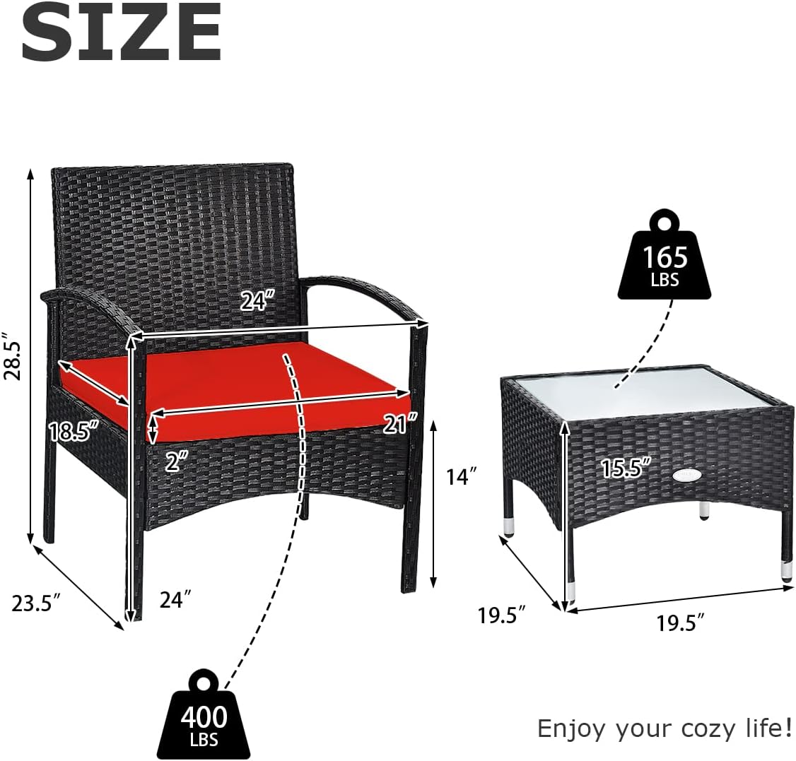 HAPPYGRILL 3 Pieces Patio Furniture Set Outdoor Conversation Set Rattan Wicker Bistro Set with Glass Coffee Table & Soft Cushions for Balcony Garden Poolside