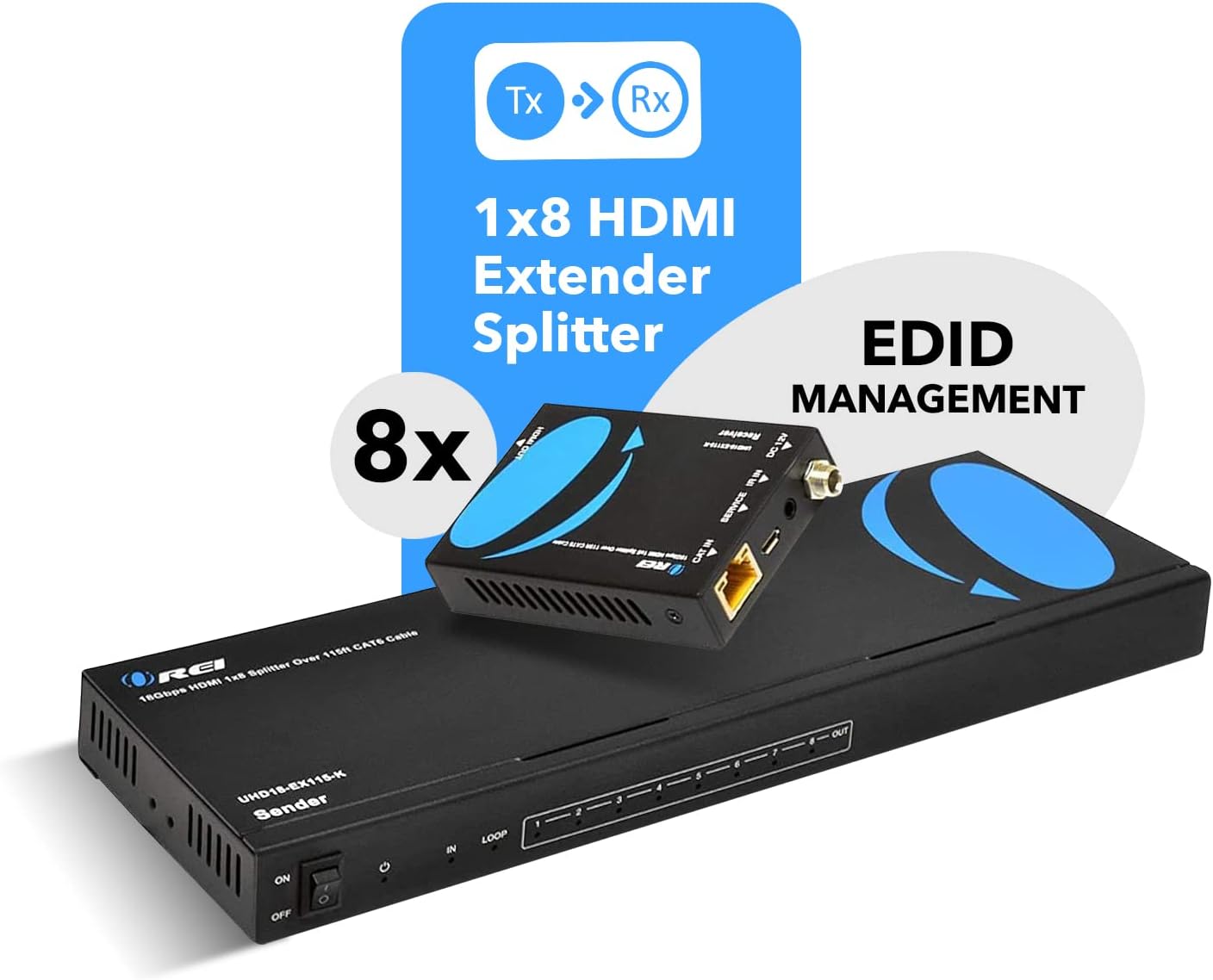 OREI 4K 1x8 HDMI Extender Splitter, Multiple Over Single Cable CAT6/7 4K@60Hz 4:4:4 HDCP 2.2 with IR Remote EDID Management - Up to 115 Ft - Loop Out - Low Latency - Full Support