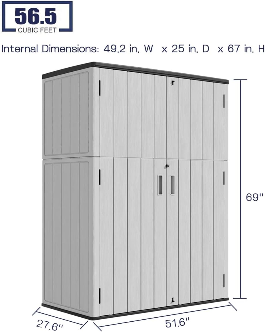 KINYING Outdoor Vertical Storage Shed,57 Cu.ft Outdoor Storage Cabinet Waterproof,Resin Sheds & Outdoor Storage Clearance for Garden,Patio,Backyard,Lockable (Grey)