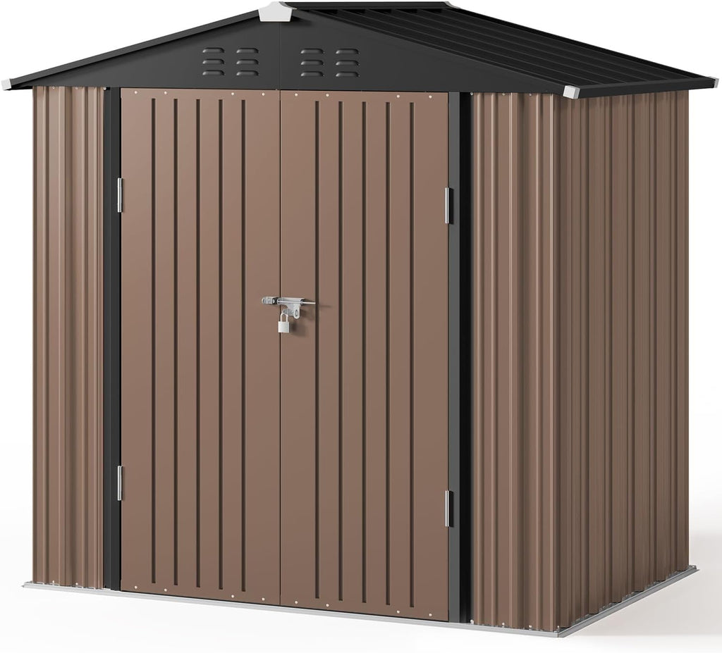 Gizoon Outdoor Storage Shed 6 x 4 FT, Galvanized Metal Garden Shed with Double Lockable Doors, Outdoor Storage Clearance for Backyard Patio Lawn-Light Brown