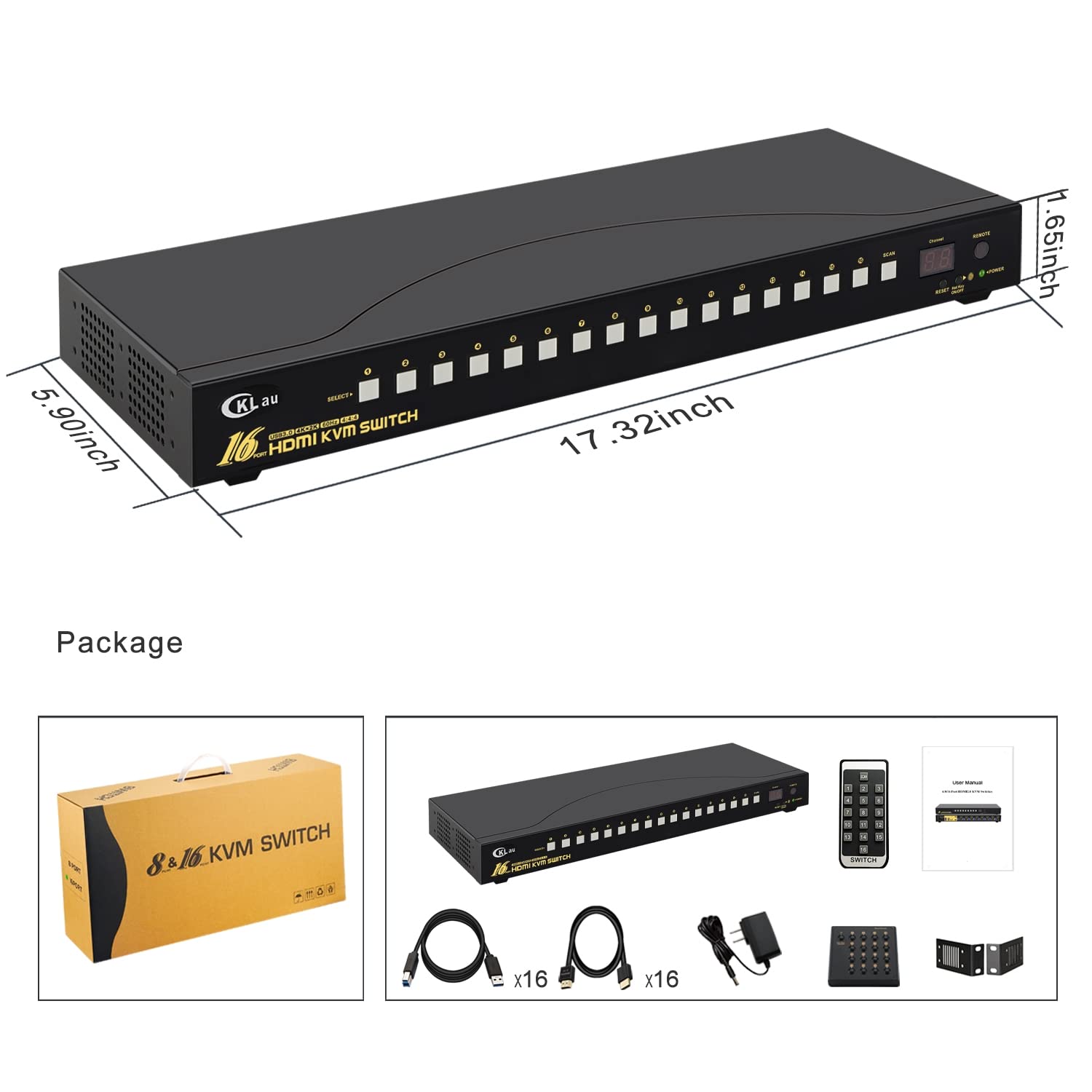16 Port Rack Mount USB 3.0 KVM Switch HDMI 4K60Hz with Audio, Cables, and 2 pcs USB 3.0 Hub for 16 Computers Sharing Single Monitor Supports Hotkey Switching