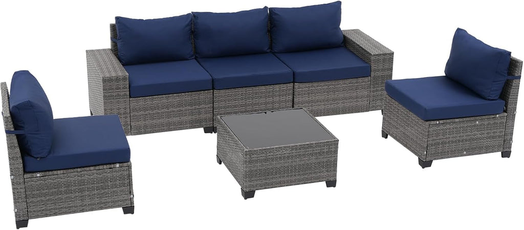 JOIVI 6-Piece Outdoor Patio Furniture Set, Rattan Patio Conversation Set with Coffee Table, L-shaped Wicker Outdoor Sectional Sofa Set with Wide Armrest and Cushions for Garden, Deck, Porch, Navy Blue