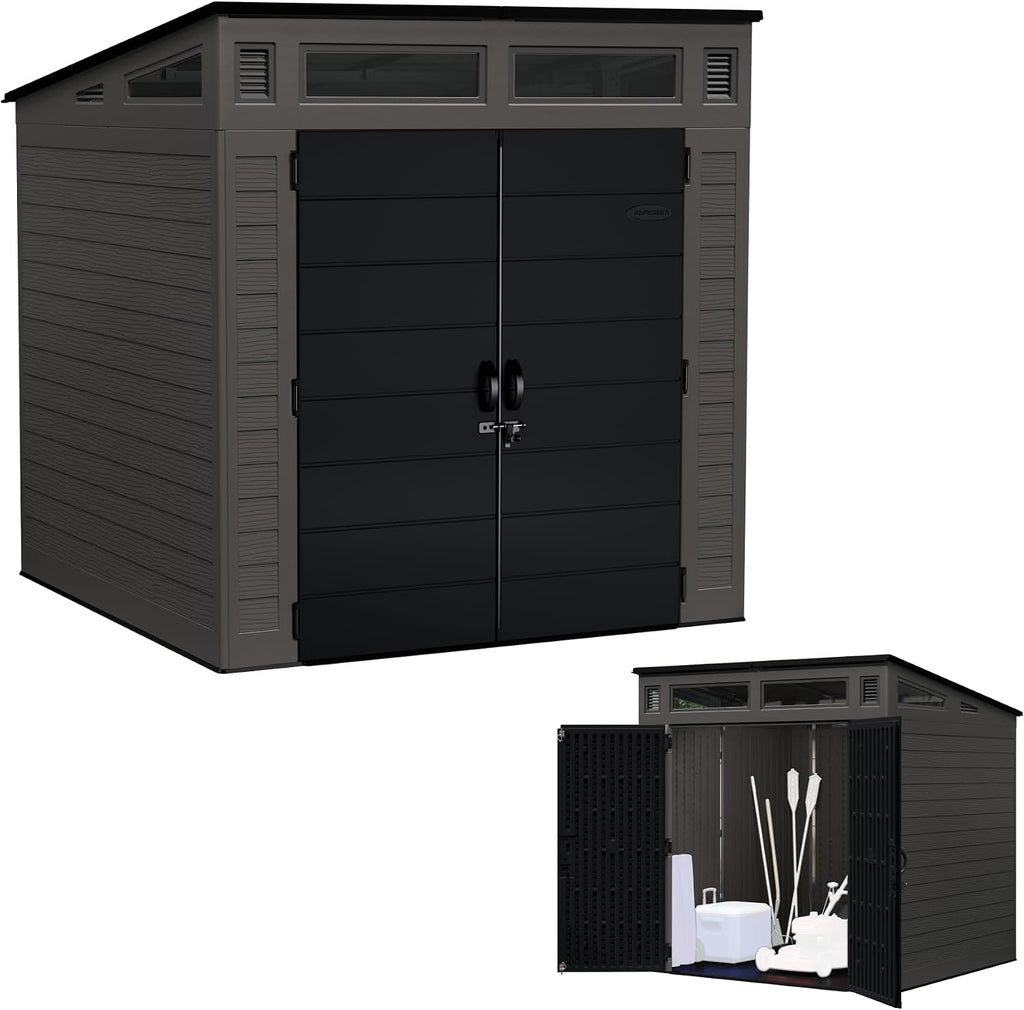 Suncast Modern Outdoor Storage Shed, 200 cu. ft. Peppercorn Resin Shed for Lawn Mower, Bikes, Utility Tools, Patio, & Yard. Weatherproof & Lockable Modern Sheds & Outdoor Storage, Made in USA