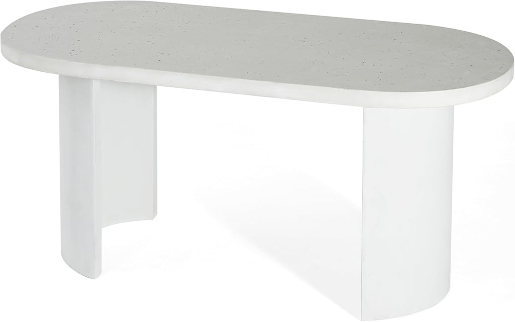 Christopher Knight Home Vicla 3 Pieces Durable Concrete Outdoor Dining Set with Stylish Terrazzo Finish, Patio Dining Table with 2 Benches, Oval Outdoor Patio Furniture Set with Pedestal Base, White
