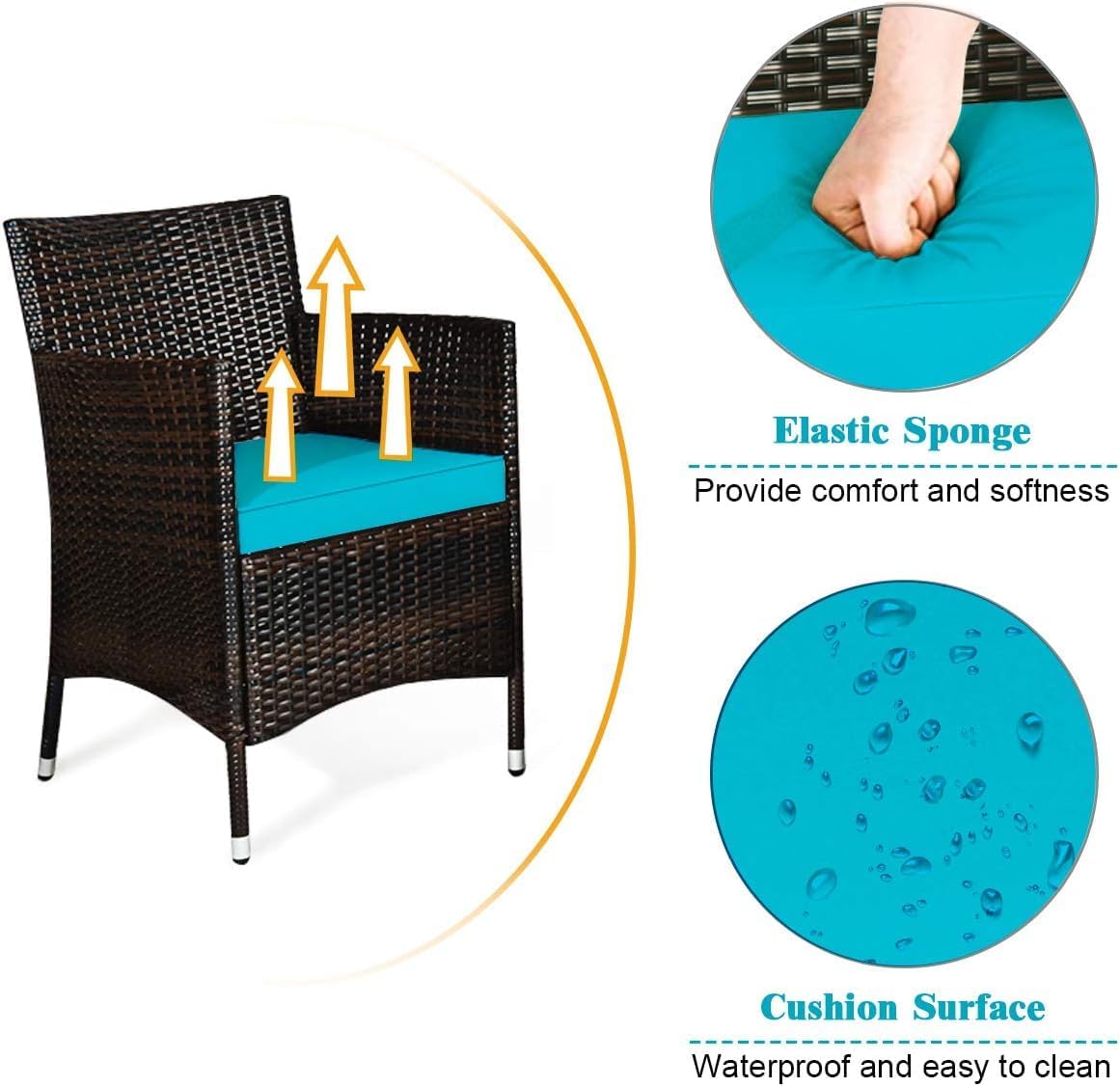COSTWAY 8PCS Rattan Patio Furniture Set, Outdoor Wicker Rattan Chairs with Coffee Table, Rattan Cushioned Conversation Set for Backyard Balcony Porch Poolside, Turquoise