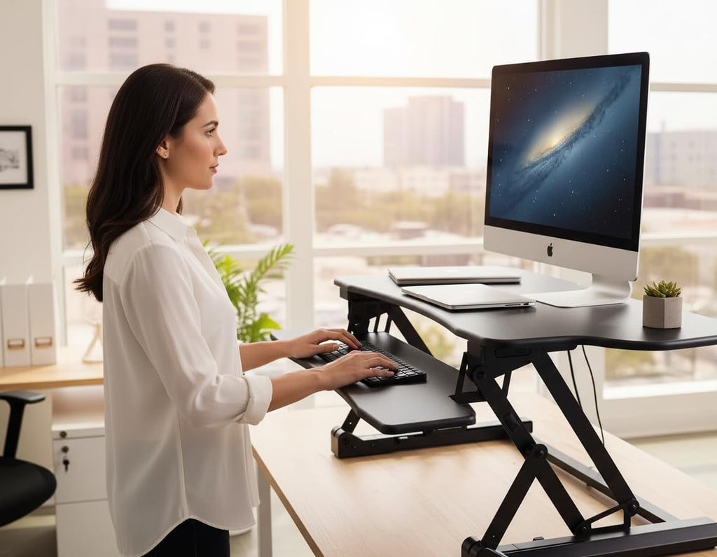 Mount-It! 48.5' Electric Standing Desk Converter for Dual Monitors, Motorized Sit Stand Electric Desk Riser with USB Port & Device Slot, Keyboard Tray, Adjustable Height Ergonomic Workstation, Black