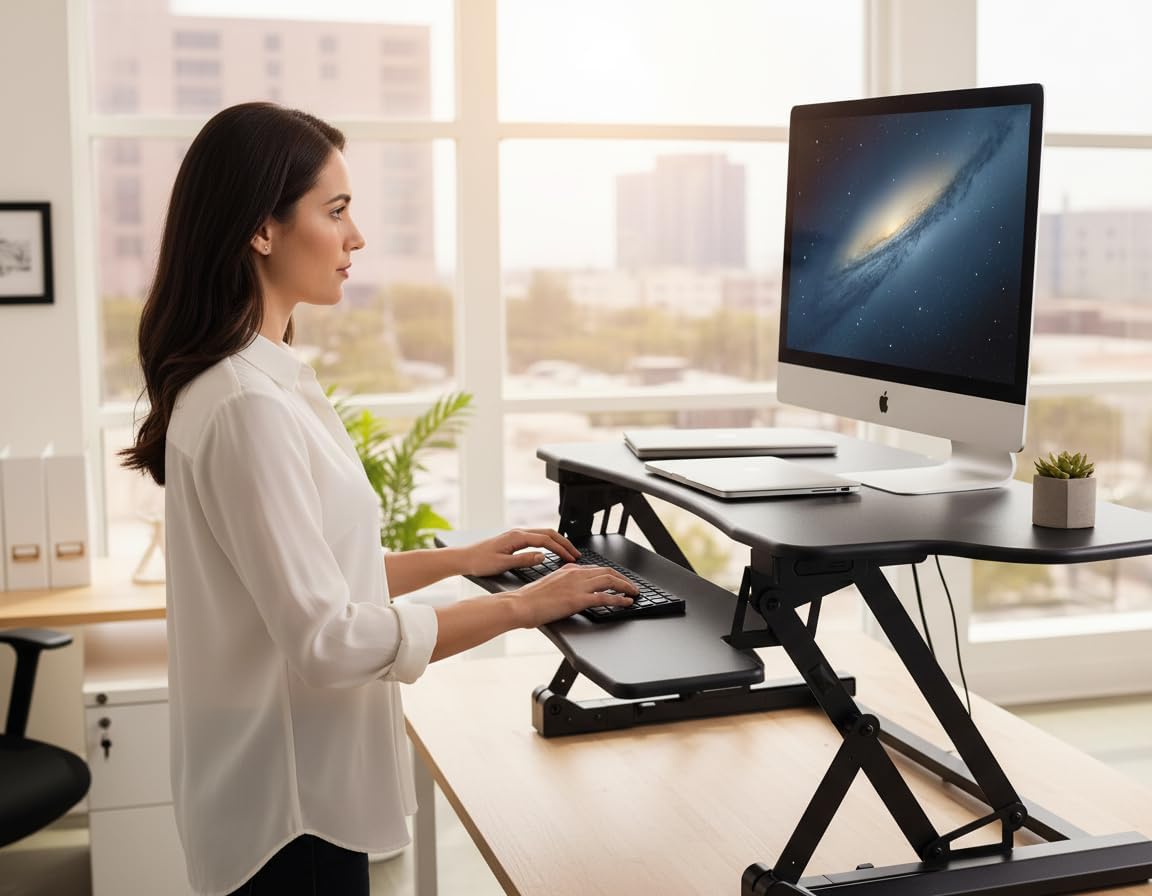 Mount-It! 48.5' Electric Standing Desk Converter for Dual Monitors, Motorized Sit Stand Electric Desk Riser with USB Port & Device Slot, Keyboard Tray, Adjustable Height Ergonomic Workstation, Black