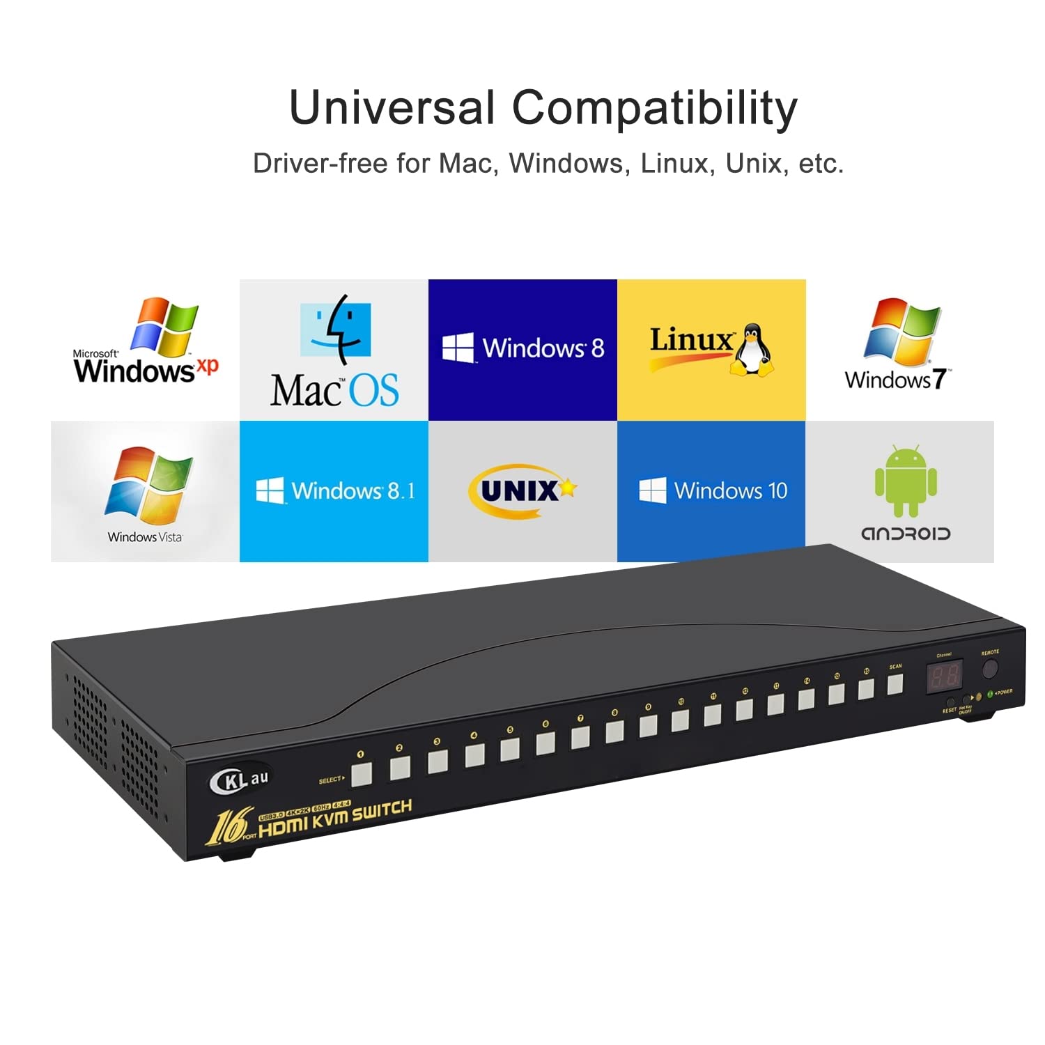 16 Port Rack Mount USB 3.0 KVM Switch HDMI 4K60Hz with Audio, Cables, and 2 pcs USB 3.0 Hub for 16 Computers Sharing Single Monitor Supports Hotkey Switching