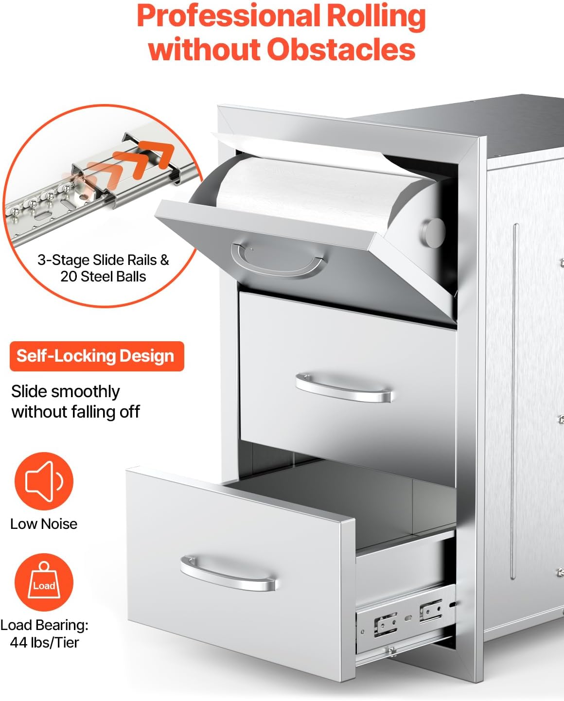 VEVOR Outdoor Kitchen Drawers, 16.5' W x 29' H x 20.5' D Triple Access Drawers, Stainless Steel Flush Mount Cabinets, BBQ Island Storage with Paper Towel Holder & Handle, for Patio Grill Station