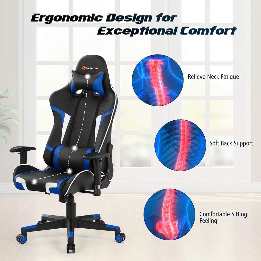 POWERSTONE Gaming Chair - Office Computer Gaming Racing Chair with Lumbar Massager Support PU Leather Adjustable Arms Headrest High-Back Recliner Ergonomic Rolling Swivel (Blue)