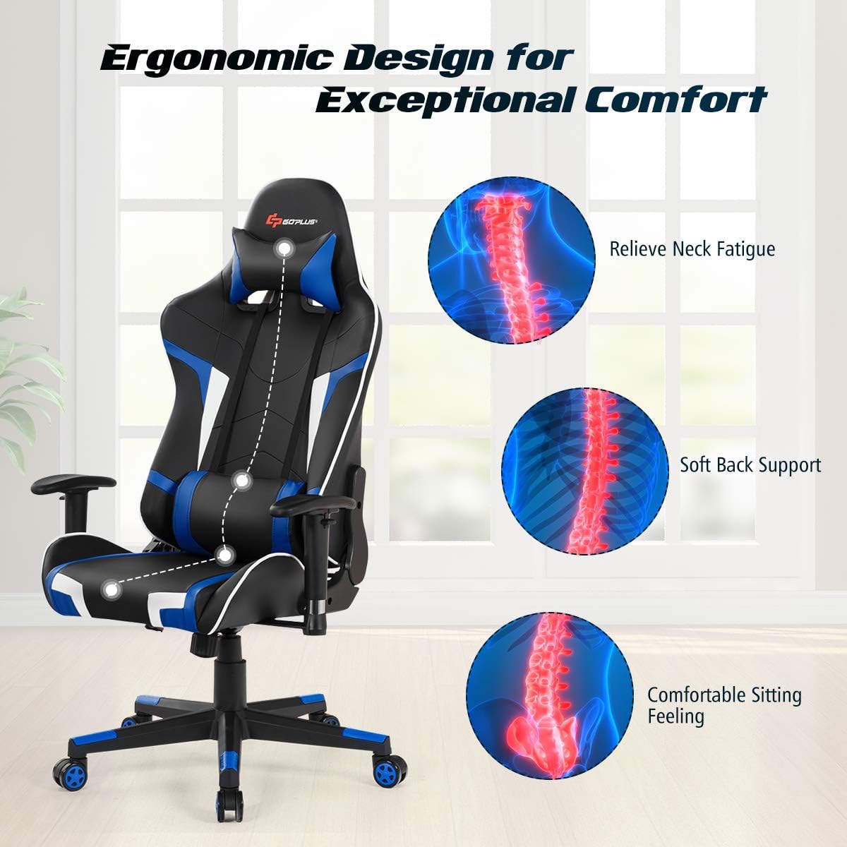 POWERSTONE Gaming Chair - Office Computer Gaming Racing Chair with Lumbar Massager Support PU Leather Adjustable Arms Headrest High-Back Recliner Ergonomic Rolling Swivel (Blue)