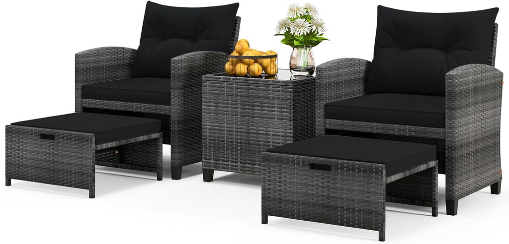 ORALNER 5 Pieces Patio Furniture Set with Ottoman, Wicker Conversation Set w/Cushions, Glass Coffee Table, Outdoor Lounger Rattan Chairs Bistro Set for Porch Balcony Garden Deck Poolside (Black)