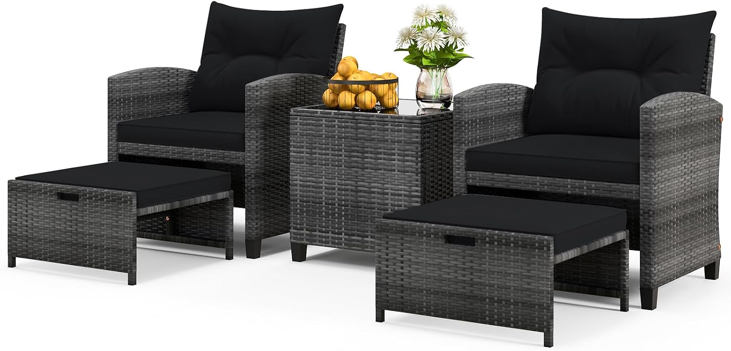 ORALNER 5 Pieces Patio Furniture Set with Ottoman, Wicker Conversation Set w/Cushions, Glass Coffee Table, Outdoor Lounger Rattan Chairs Bistro Set for Porch Balcony Garden Deck Poolside (Black)